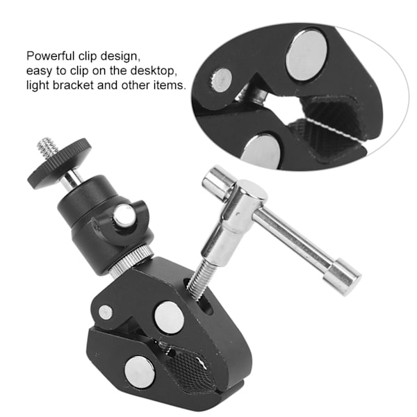 Aluminiumlegering Liten Kulhuvud Videokameraklämma Skruv 3/8'' 1/4'' för Ficklampa Stativ LCD/DV-skärm LED-lampa