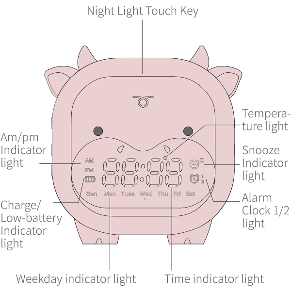 Lasten herätyskello, lasten makuuhuoneen päivämäärä, lämpötila, torkku, herätysväli ja yövalo, söpö digitaalinen lehmän kello USB:llä pojille ja tytöille lahjaksi