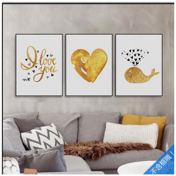 Love and Whale Wall Art Canvas Print Poster, Simple Cute Gold and Black Art Drawing Decor(Set of 3 Unframed, 20''x28'')