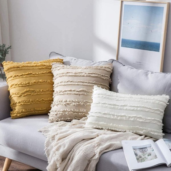 Sæt med 2 dekorative Boho pudebetræk i linned med stribet jacquardmønster til sofa, stue, soveværelse 12x20 tommer elfenbenshvid