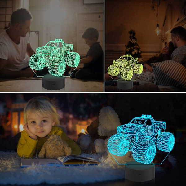 JUSTUP Monster Trucks Nattlampa Pica 3D Illusion Lampa 16 färger som ändras med fjärrkontroll Kreativa födelsedagspresenter för barn Pojkar Sovrumsinredning