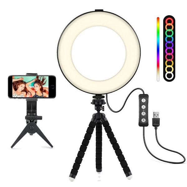 6\" Selfie Ring Light Med Stativ, Dimbar RGB LED-bordslampa Kameraringljus