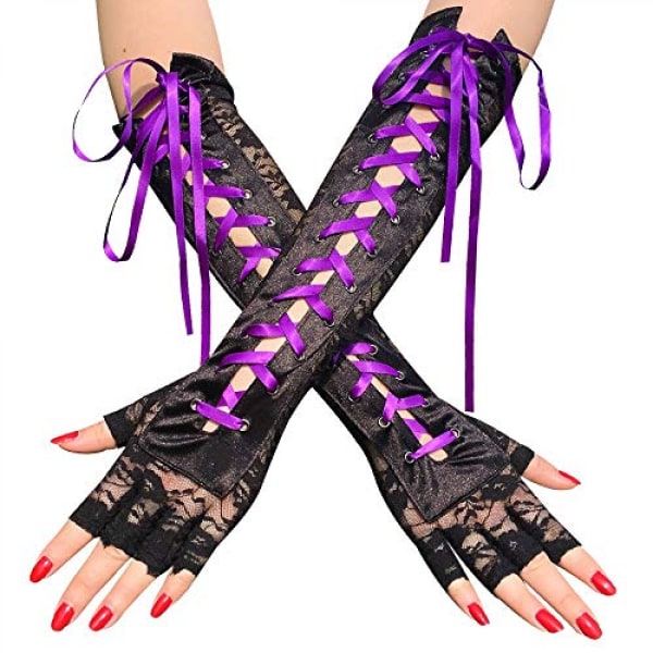 AVEKI Fingerlösa handskar för kvinnor Armbåge Snörning steampunk Kostym Armvärmare, Nylon Lila