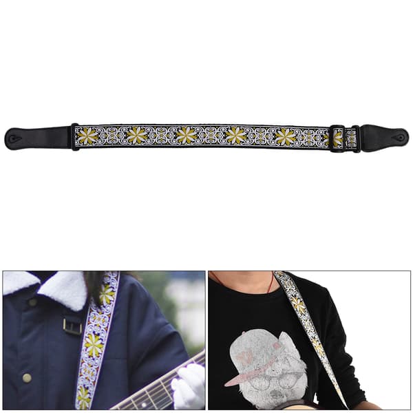 Justerbar broderad mönstrad axelbandstillbehör för folk klassisk gitarr (gul)