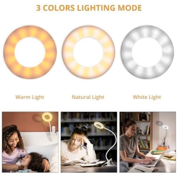 Bordlampe med klemme for lesing hjemmekontor, lysstyrke 3 moduser, klemmelampe for sengegavl, hobby white