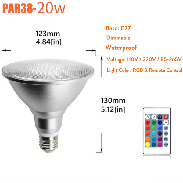 Dimbar RGB PAR38 Par-lys E27 20W LED-spotlight Pære Flomlampe Fjernkontroll Flerfarget Hjemmedekorasjon 110V 220V