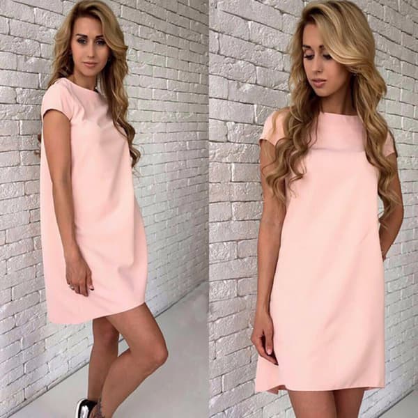 Kvinnors Lös Passform Casual A-linje Rund Hals Stretch Kortärmad Solid Mini Klänning (Rosa M)