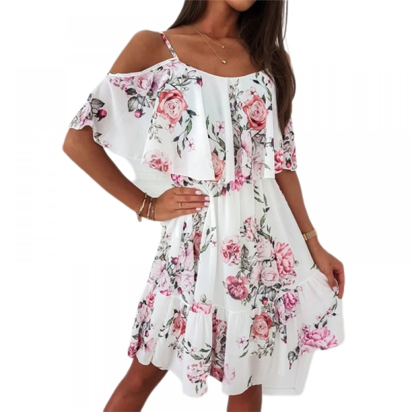 Pleated Spring/Summer New Women's Wear European and American Sexy Off Shoulder Hanging Strap Printed Chiffon Dress(White S)