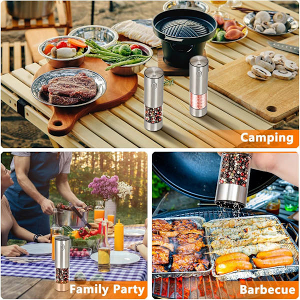 Elektrisk Salt- och Pepparkvarn Set (2-pack), Laddningsbara Automatiska Kvarnar i Rostfritt Stål med Justerbar Grovlek, LED-Ljus, R