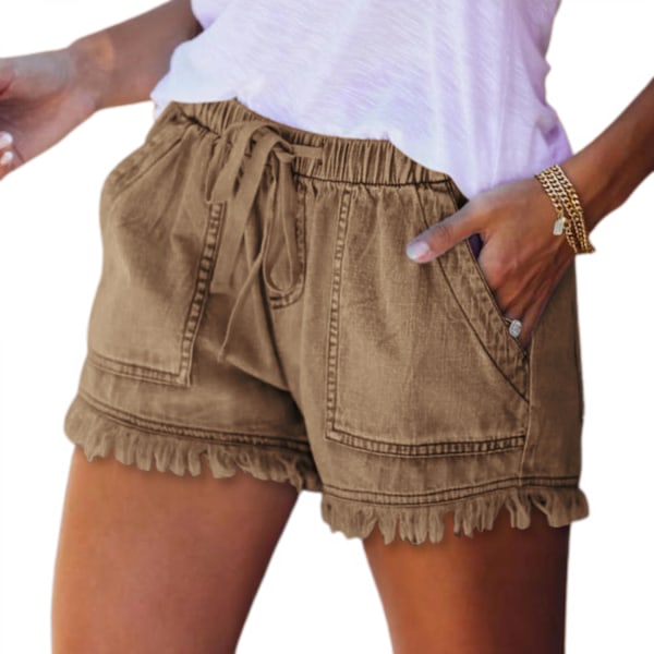 AVEKI Dam Denim Jean Shorts för Casual Sommar Mid Waist Frayed Stretchy Ripped --- Khaki （Storlek S）