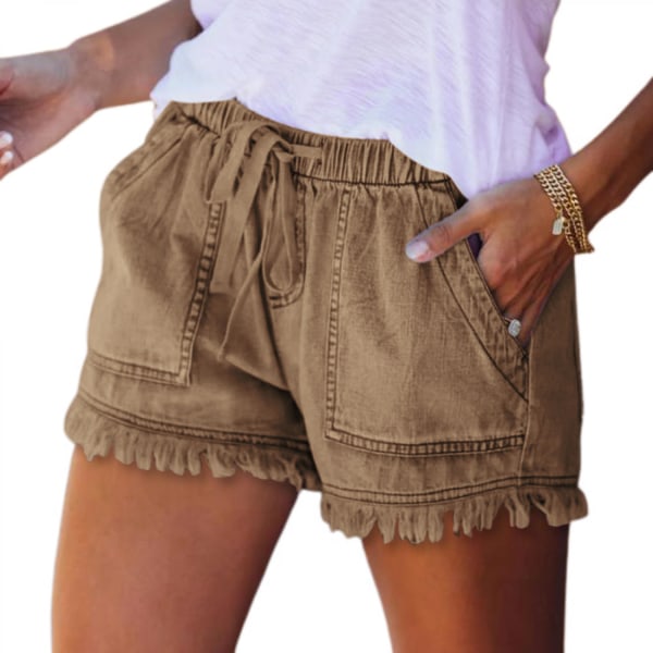 AVEKI Jeansshorts för damer för casual sommar med mitten av midja Frayed Stretchy Ripped --- Khaki （Storlek M）