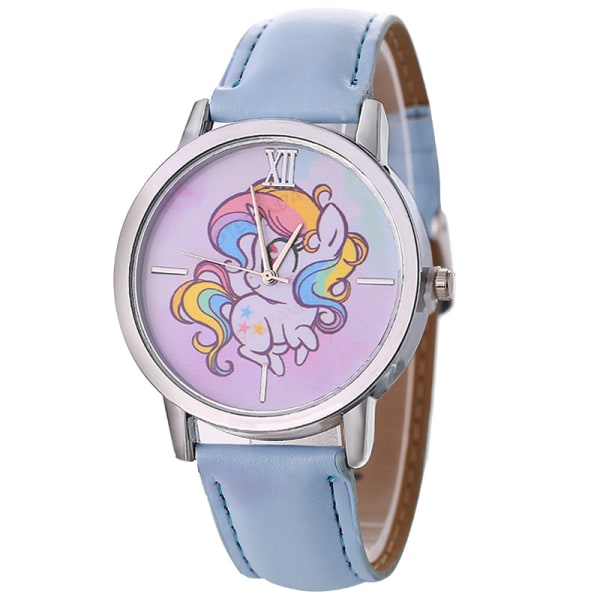 Watch Unicorn Pattern Quartz Watch, Söta watch tjejklocka Blå läderrem