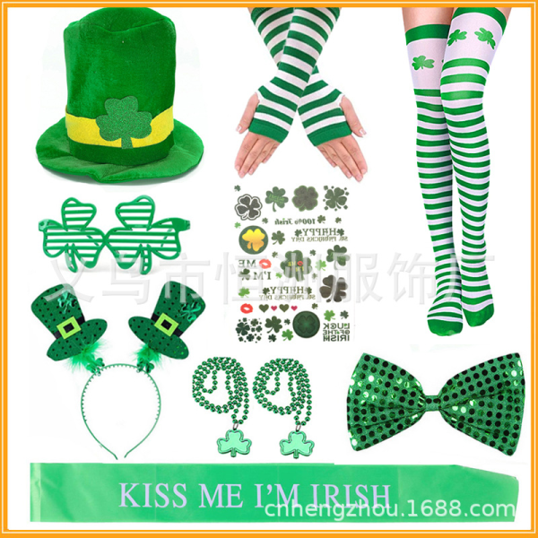 St. Patrick's Day Dräktdekorationer Irish Day Party Set 10-delat Set Clover Bead Kedja Blindglasögon Grön axelrem