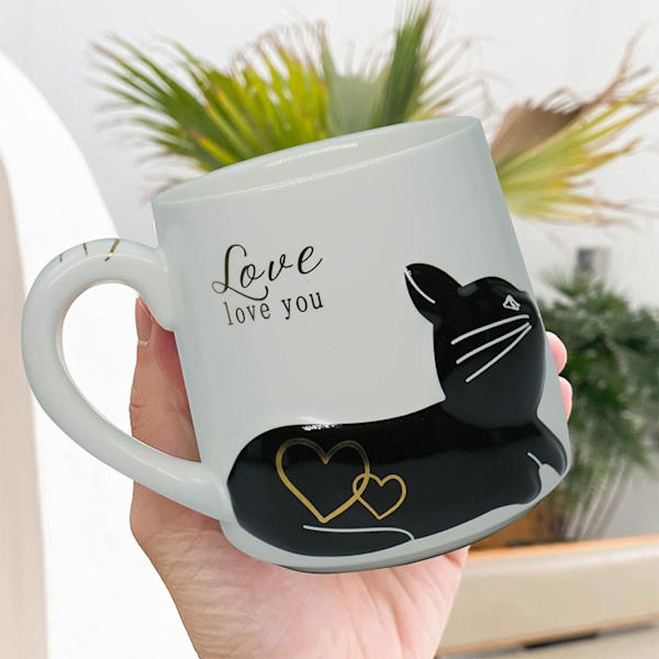 Söt kattkopp Keramisk kaffemuggset med lock sked, Födelsedagspresent Idé för kattälskare Mugg 400ML(Svart-Vit)