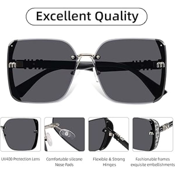Klassiska Trendiga Fyrkantiga Oversized Solglasögon Dam Herr UV400 Stora Designer Shades Black Frame/Grey