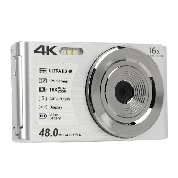 4K Digitalkamera 48MP 2,8 tum 16x digital zoom Bärbar kompaktkamera för tonåringar Nybörjare Silver