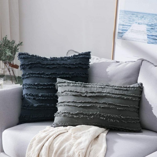 Set med 2 dekorativa Boho kuddfodral linne randigt jacquardmönster kuddfodral för soffa Soffa Vardagsrum Sovrum 18x18 tum Marinblå