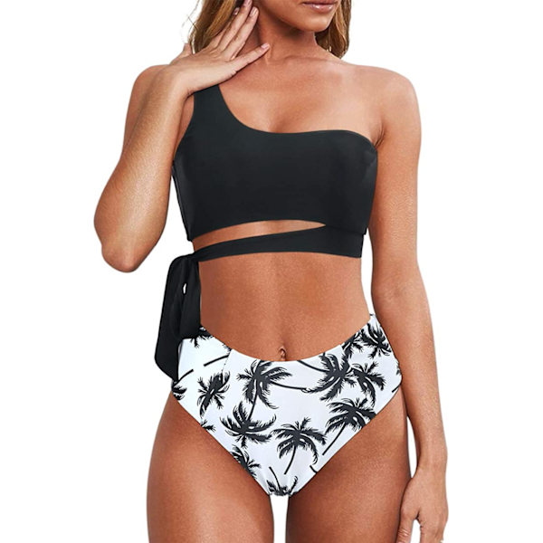 Dam one shoulder hög midja bikini spets upp hög skuren tvådelad baddräkt för semester, simning, pool (svart + kokosnötsträd) L