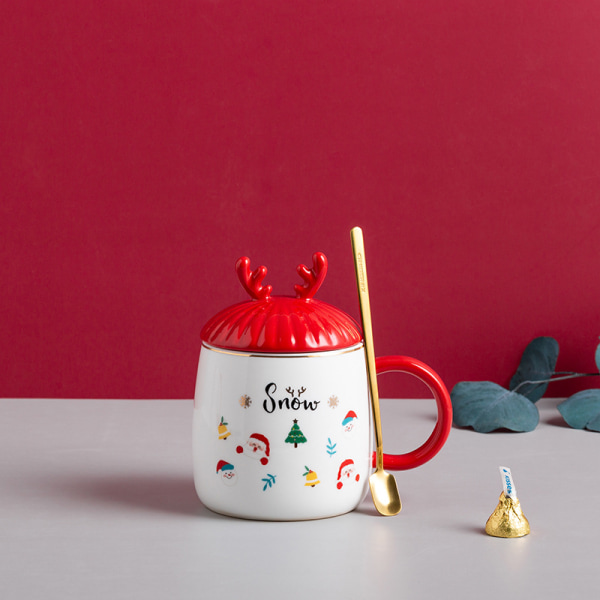Söt mugg Jul Kaffeemugg, Högkvalitativt keramiskt material, Hög temperaturbeständig, 15oz med 3D-lock och sked, Julgåva, Snöflinga