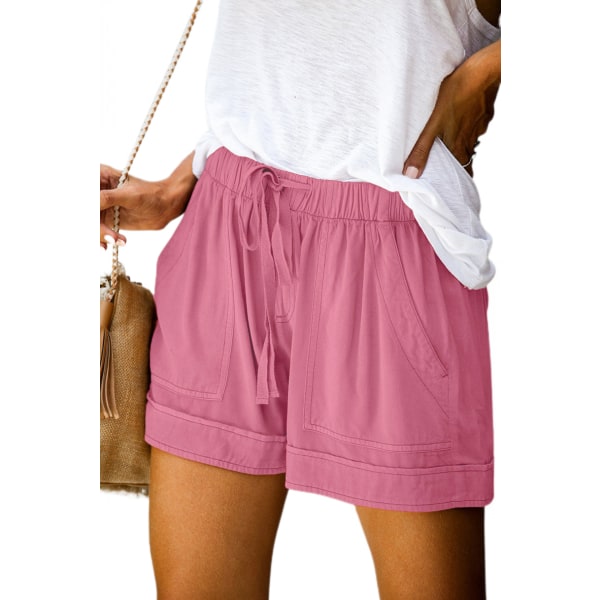 Casual Shorts för kvinnor, bekväma dragsko med resår i midjan sommarshorts med fickor --- Rosa （Storlek XL）