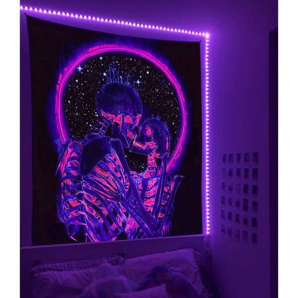 Wekity Blacklight Skull-veggteppe, The Kissing Lovers-veggteppe UV-reaktivt trippy psykedelisk neon-veggteppe – 150 cm x 200 cm