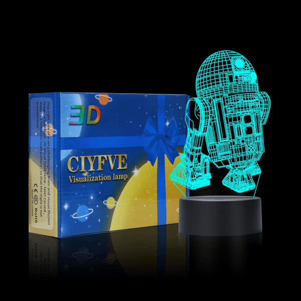 WJ R2-D2 3D nattlampe med berøringskontroll - 7 farger automatisk gradient nattlys, akryl og ABS-base optisk illusjonsnattlys Stjärnornas krig