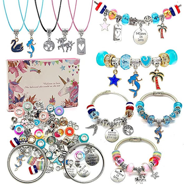 Charm armbandssats, smyckestillverkningssatser, pärlor, enhörning / sjöjungfru hantverk presentset, lämplig för flickor i åldern 8-12