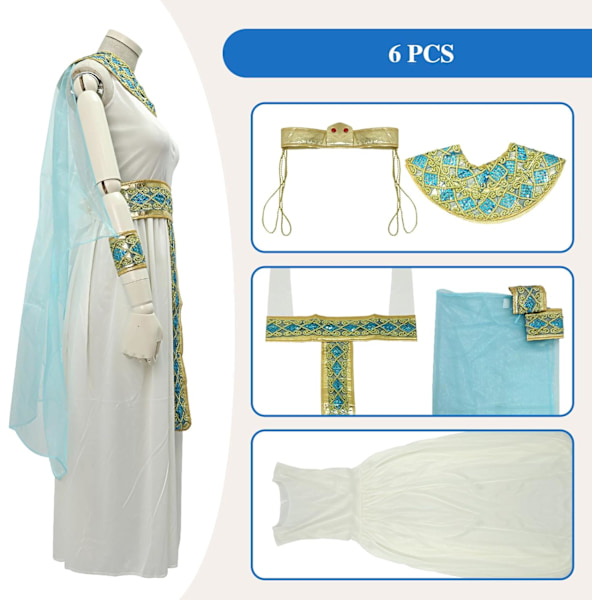 Cleopatra-kostym för flickor, Egyptisk kostymklänning, Kap, Bälte, Krage, Huvudbonad, Armband, Egyptisk Outfit, 4-12 år Medium Blue
