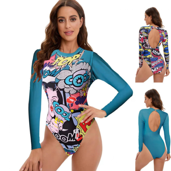 Dam badkläder i ett stycke blommigt tryck utan rygg skydd mot utslag söt långärmad baddräkt för kvinnor flickor våtdräkt, Style1-Blå, XL