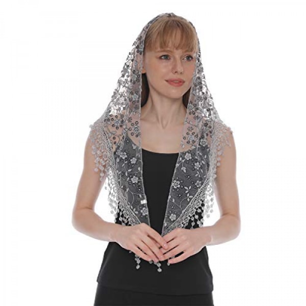 Triangle Lace Bride Veil Tulle Scarf Covering Church Veil for Mass Wedding Bridesmaids, Gray-black