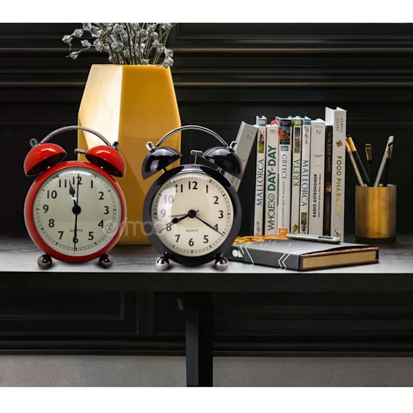 5\" Lysende Vækkeur Lydløs Kvarts Analog Retro Dobbelt Klokke med Høj Alarm og Natlys, Sort