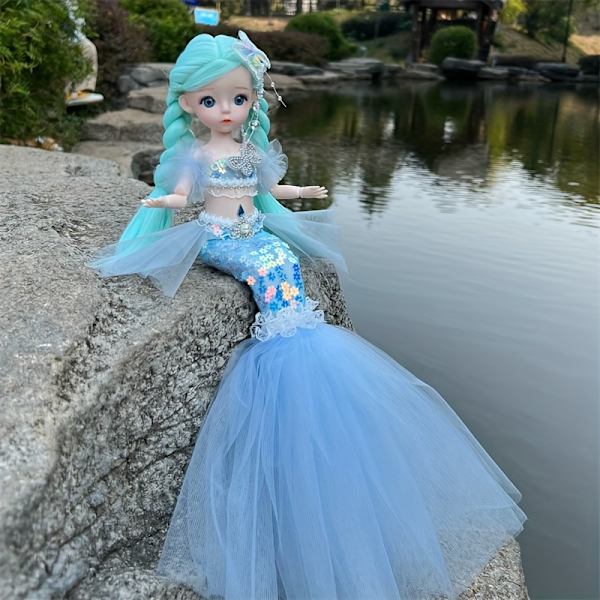 45cm/17,72 tum Havsfru Docka Flicka Leksak Blåögd Barn Prinsessa Docka Bröllopsklänning Docka Familj Födelsedagspresent Fiskstjärt Kan Vikas Ut, Jul Blue