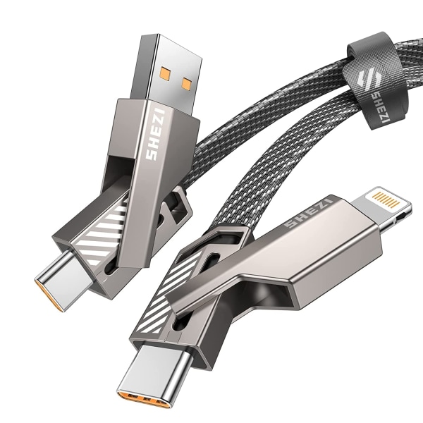 4-i-1 USB C-kabel Lightning-kabel 60W [Snabbladdning och datasynkronisering] Flatvävd iPhone-laddningskabel mot trassel med kardborre (grå)