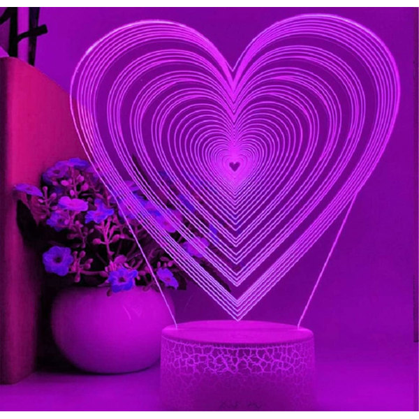 WJ 3D Kärleks Hjärta Nattljus Lampa Illusion 16 Färgförändrande Bordsdekoration Lampgåvor med Akryl Platt ABS Bas USB-kabel Leksak