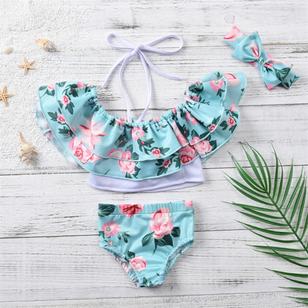 Pige Floral Print Badetøj Ruffle Flounce Todelt Badetøj Egnet til 3-6 Måned