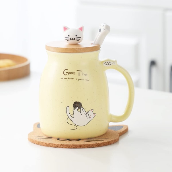 Kattmugg söt keramisk kaffekopp med söt kattunge lock, katt tass sked, kawaii underlägg, nyhet morgonkopp te mjölk julmugg, gul