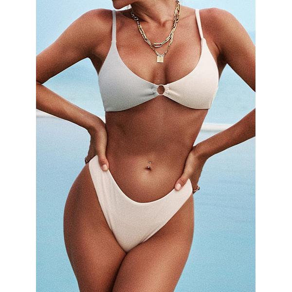 Kvinnors Ribbade O-Ring String Bikini Badkläder Cheeky Trosa Baddräkt Två Delar Baddräkt Grey-11 S