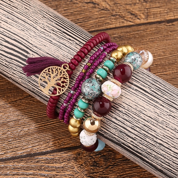 1st Bohemian armband med livets träd tofs hängande armband för kvinnor Stretch flerlagers armband set för kvinnor flerfärgade smycken