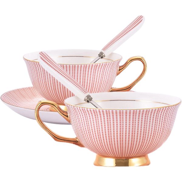 Kaffe Kop og Underkop Sæt - 6.7 Oz Bone China Tekop med Underkop og Ske - Fancy Kop til Kontor, Sofabord Eftermiddagste (pink)