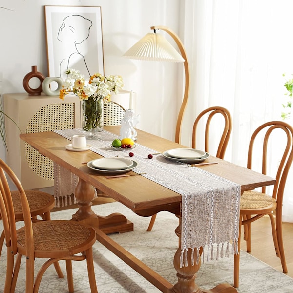 Höst Rustik Farmhouse Stil Linne Bordlöpare, Boho Handgjorda Fransar Bordlöpare 60 Tum Lång för Semesterfest, Thanksgiving Hemstitched Light Coffee 13"W X 60"L