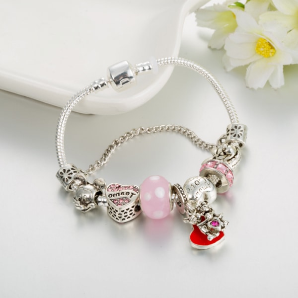 Kvinnors berlockarmband, hjärthänge Rosa pärlarmband, passar de flesta handleder, Alla hjärtans dag-present för kvinnor (storlek: 17 cm)