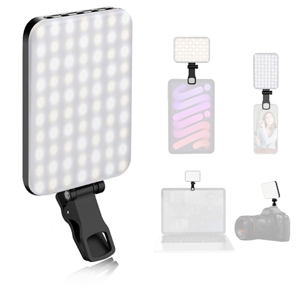 Selfie-valo, 60 LED-puhelinvalo, 2000 mAh ladattava klipsikiinnitteinen videovalo, 10 kirkkaustason säätö, CRI 95+, 3 valotilaa black