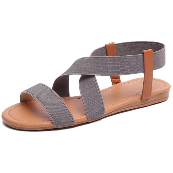 Elastiska söta platta sandaler för kvinnor Casual Summer Beach Shoes Sandal Semesterresor Gladiator Sandaler ------ Grå（Storlek 39）