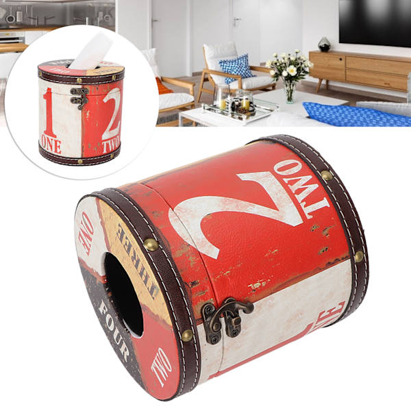 Retro Servettbehållare Cylindrisk Fashionabel PU Läder Trä Servett Förvaringslåda för Massagebutik Vardagsrum