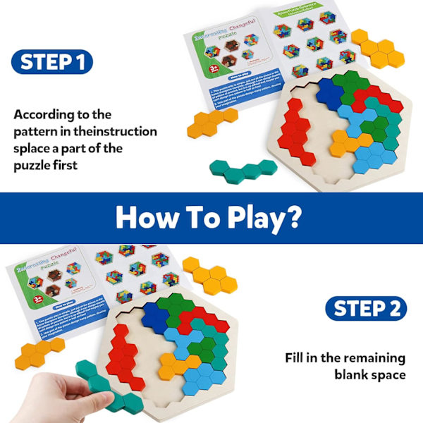 Skrtuan Treblokker Puslespill for Barn og Voksne Hjernepuslespill Sekskantede Puslespill Spill Leke Form Mønsterblokk Tangram Geometri Logikk IQ ST