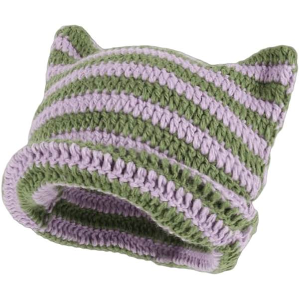 Kvinde Y2K Djævel Striber Vinter Tyk Strikkede Hue Hat, Katteøre Hæklet Slouchy Koreansk Skully Cap Fleece Uld Hat Purple