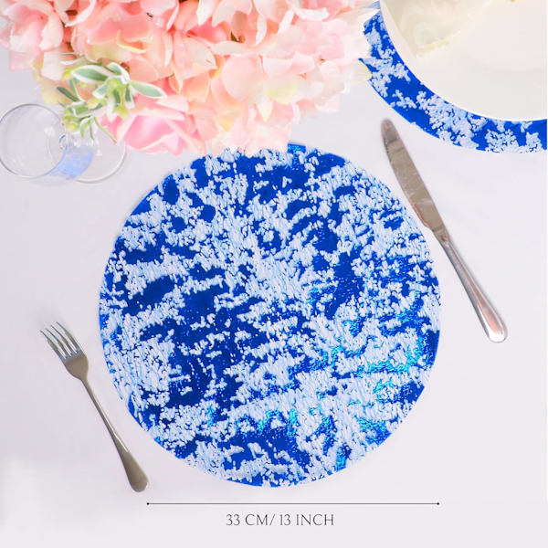 Engangs runde plassmatter i kongeblå, sett med 12, metallisk glitterfolie-nett, middagsbordsplassmatter, blå doilies, 13 tommer for bryllup Royal Blue 12