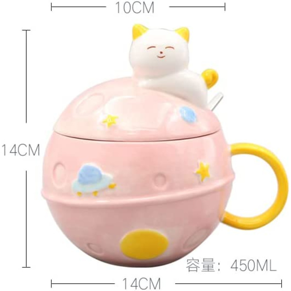 Prinsessmugg med lock 3D-mugg Keramisk kaffekopp Kid Tecknad Mjölkmugg Tekopp Presentkontor Hem (kattutrymme, rosa, 450 ml)