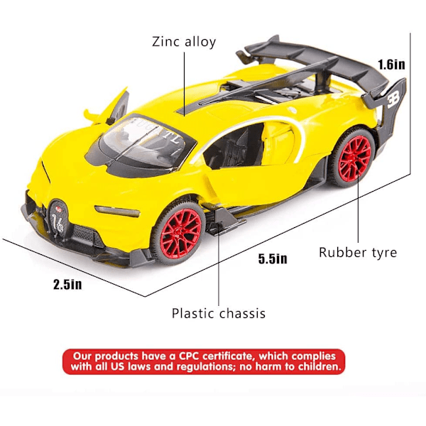Bugatti Vision GT Superbil 1/32 Zink Legering Die-Cast Dragbil Modell Leksak Ljud och Ljus för Pojke Flicka Present (Gul)