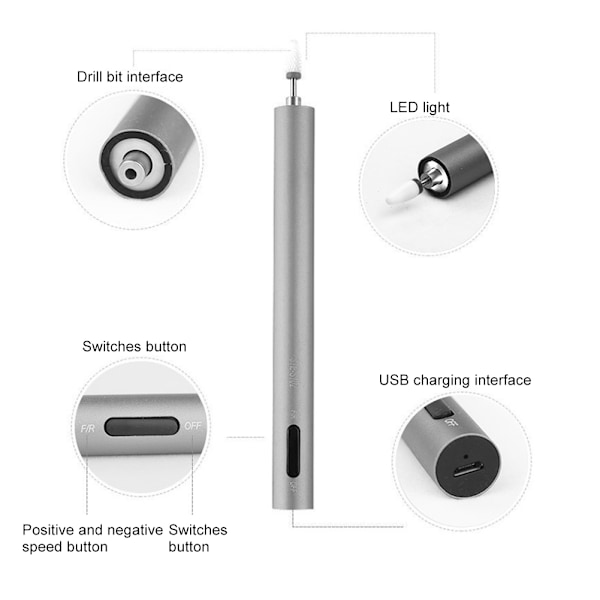 12000RPM Elektrisk Neglepoleringsmaskin USB Oppladbar Neglebormaskin Håndstykke Manikyr Maskin Sølv